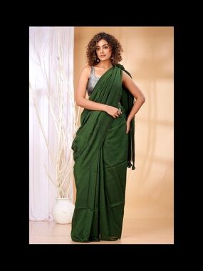 Elegant forest Green Khadi cotton Saree Dress